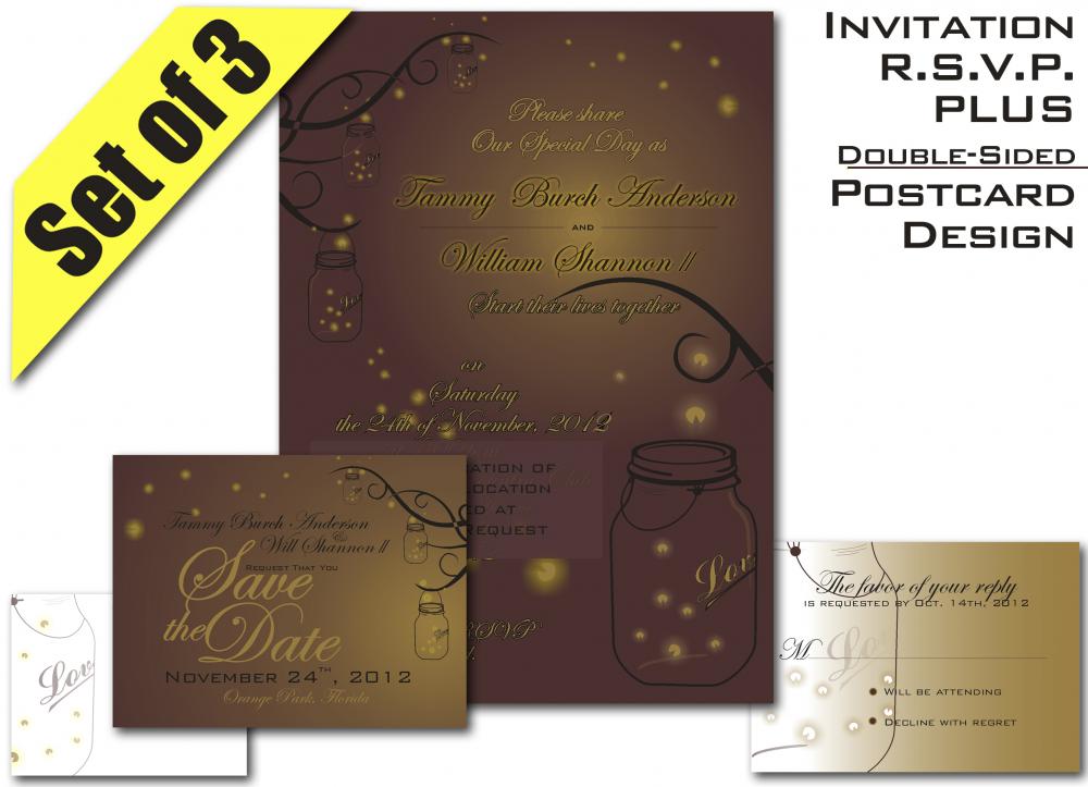 Mason Jar Fireflies Wedding Suite Invitation Rsvp And Save-the-date Digital Printable