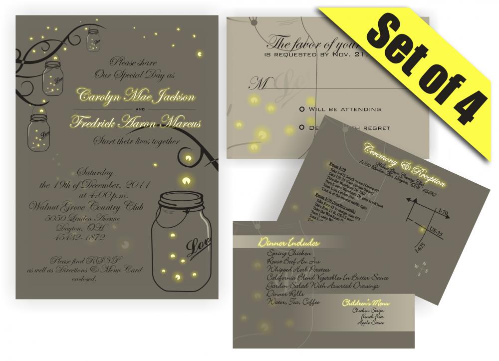 Printable Mason Jar Fireflies Wedding Suite Invitation Rsvp Direction And Menu Inserts